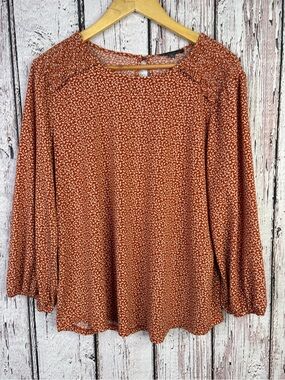 Adrianna Papell Women’s XL Rust Orange Blouse Leaf Print 3/4 Sleeves Shirred Top